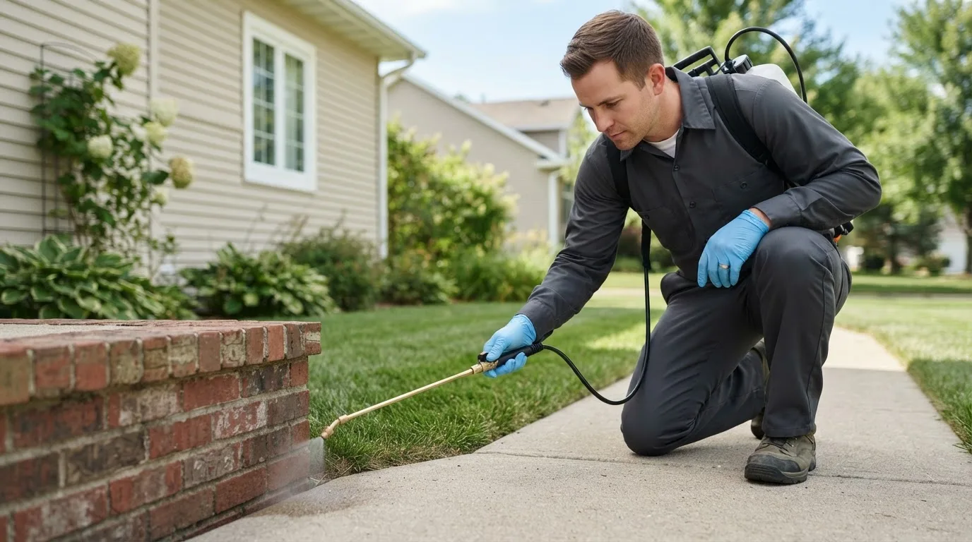 Pest control technician treating a home near Gloucester, MA